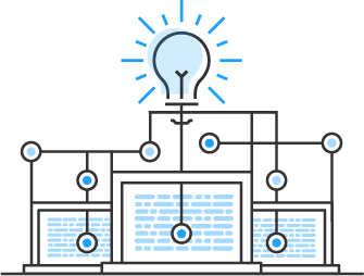 Illustration of a lightbulb above three computers, all connected by lines; represents the community of ONNX Runtime contributors